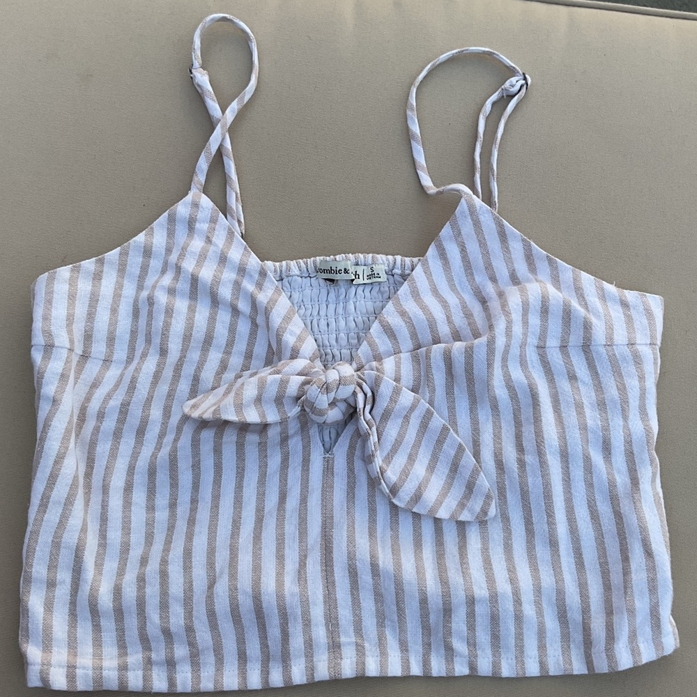 Abercrombie & Fitch, Tan/White Striped Knot-front Crop Top, Small